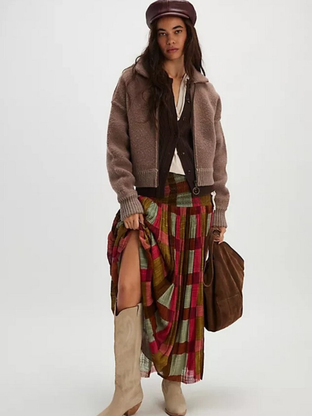 Free People Fp One Ravenna Printed Plaid Convertible Maxi Skirt Dress Smocked XS